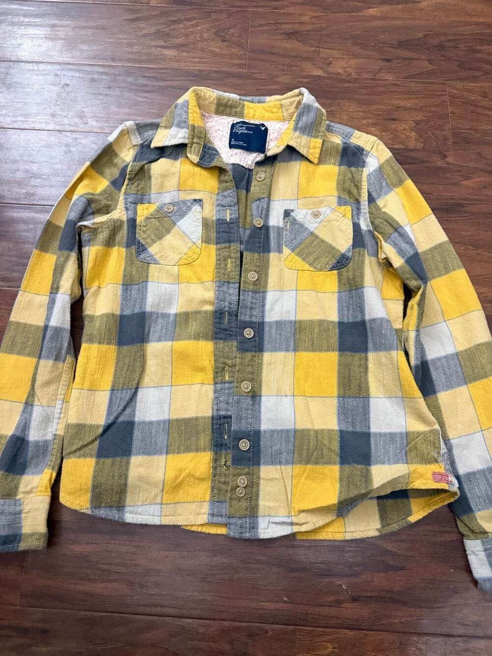 American Eagle Outfitters Yellow and Gray Plaid Button-Down Flannel Shirt